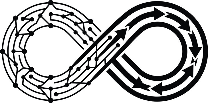 double infinity loop with circuit patterns and arrows signifying continuous process and technology.