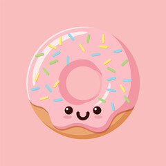 Naklejka premium A cute cartoon donut with pink frosting and colorful sprinkles.