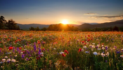 Fototapeta premium Field Of Wildflowers During Golden Hour The Sun Is Setting Over A Vibrant Meadow