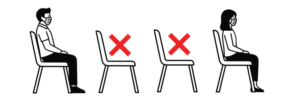 Social distancing concept illustration featuring man and woman sitting on chairs with empty seats between them to maintain safe distance and wearing masks.