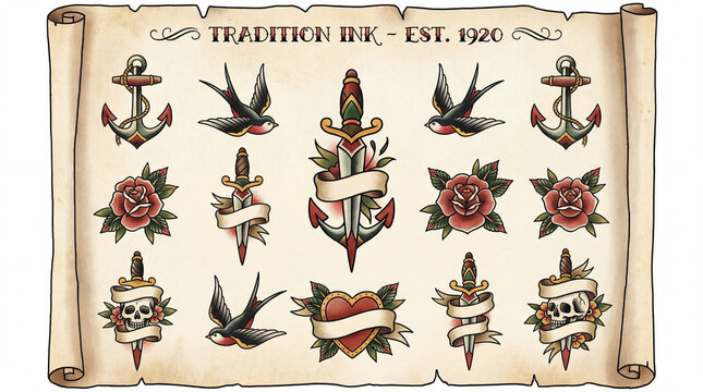 Vintage Tattoo Flash Sheet with Anchors, Swallows, and Roses