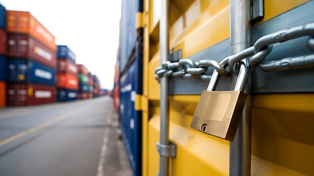 Secure shipping container with padlock in logistics yard representing cargo security and supply chain protection
