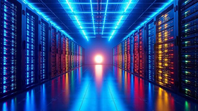 Server room with colorful lights