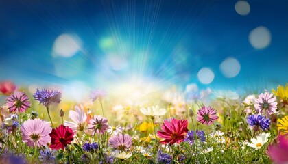 Obraz premium Colorful Wild Flower Meadow With Blue Sky And Sun Rays With Bokeh Lights Floral Summer Background Banner Greeting Card