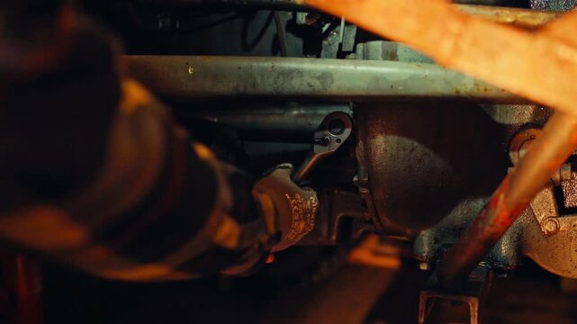 Hand Uses Socket Wrench To Work On The Underside Of Mechanical Vehicle At Night. close-up shot
