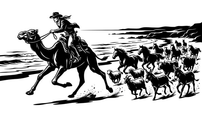 Cowboy, camel, and sheep illustration, black and white, vintage ranching scene, desert landscape