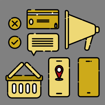 MBE style broken line e-commerce and marketing icon set, filled outline mobile shopping UI elements.