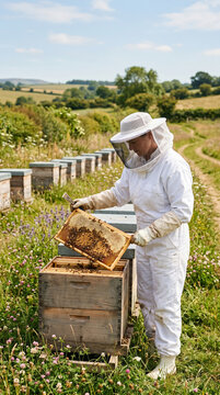 Professional beekeeper in protective suit inspecting frame with honeycombs for honey production in sunny apiary in countryside