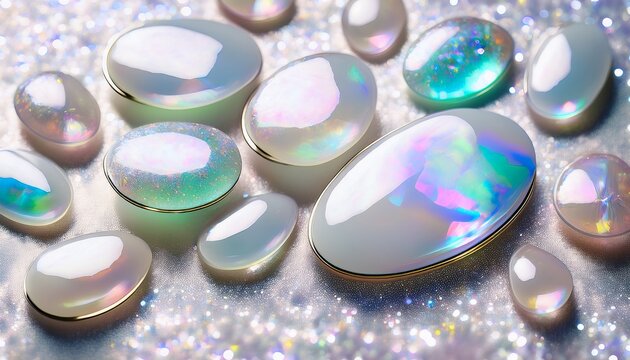 Opalite Gemstones Shimmering In Iridescent Soft Pastel Colors On White Shiny Glittering Background Surface Flat Lay With Polished Milky White Opal Moonstones In Oval Shape