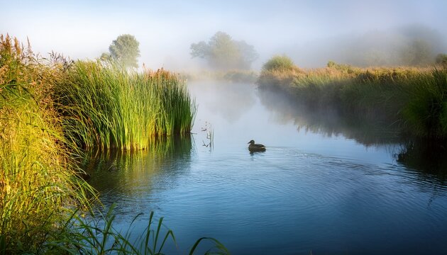 Misty Morning By The River With Reeds And A Swimming Duck Tranquil Landscape Scene