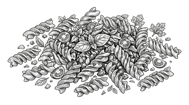 Vintage hand drawn fusilli pasta illustration, engraved italian rotini with basil and tomatoes, retro sketch of dry pasta noodles for restaurant menu
