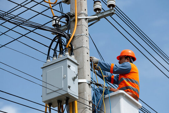 Worker repairs power lines on a utility pole