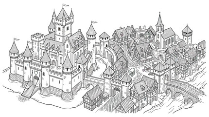 Naklejka premium Medieval Castle Town Illustration - Old European Architecture Sketch