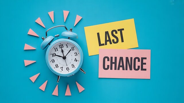 Last chance reminder with alarm clock and colorful note cards