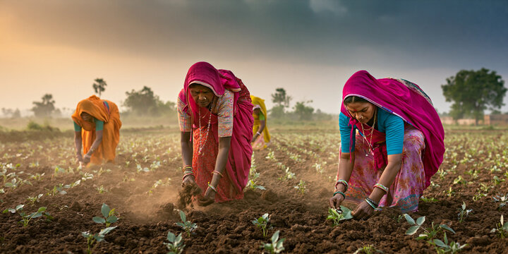 indian women working in rural agricultural field, female farmers cultivating crops in indian countryside, rural indian women engaged in farm work outdoors
