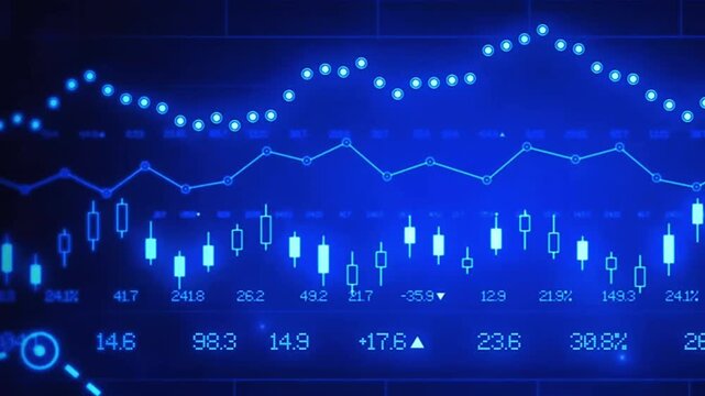 Futuristic blue stock market candlestick chart and financial data analysis screen with glowing line graph animation for business trading video.
