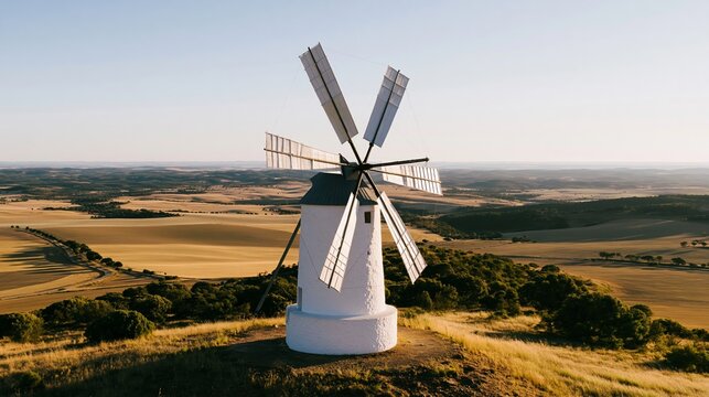 White windmill on a hill, overlooking a diverse rural landscape with fields, distant valleys, and a clear sky during golden hour