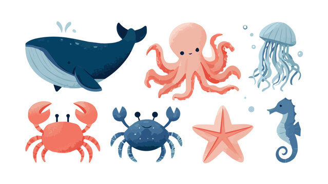 Collection of Marine Animals Including Whale Octopus Crab Starfish Jellyfish Seahorse.