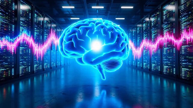 Brain in server room with data waves