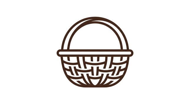 A minimalist line art illustration of a traditional woven wicker basket with a handle, isolated on a clean white background