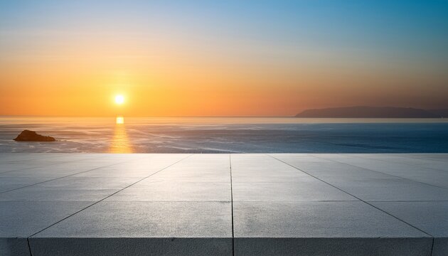 Palco Vazio De Concreto Com Vista Para O Mar No Por Do Sol Fundo De Mockup Em Branco Para Apresentacao Automotiva Ou De Produtos