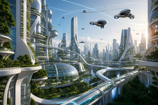 Expansive futuristic eco-city metropolis at sunrise, showcasing