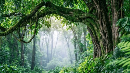Obraz premium Dense tropical jungle with abundant plant life, sunlit mist filtering through ancient trees, moss covered branches, and hanging vines