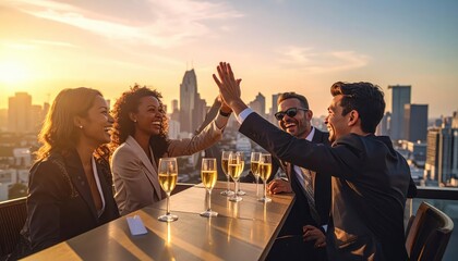 Fototapeta premium Business team celebrating successful deal with champagne and high fives on rooftop at sunset