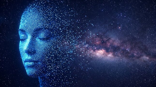 Conceptual profile of a human face dissolving into glowing digital particles in deep space