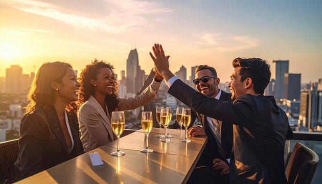 Business team celebrating successful deal with champagne and high fives on rooftop at sunset