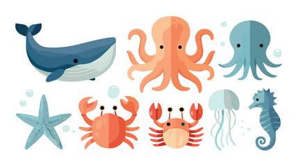 Fototapeta premium Colorful Marine Life Illustration Featuring Whale Octopus Crab Starfish Seahorse.