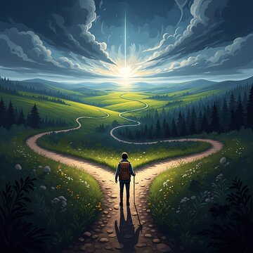 A traveler standing at a fork in the road under a dramatic sunrise sky