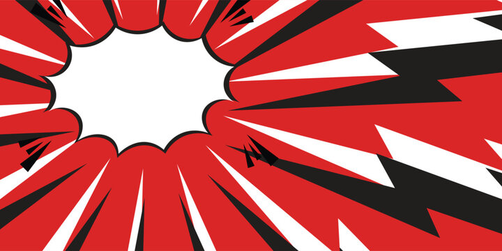 Abstract dark red comic book background with dynamic speed lines and white lightning bolts. Empty pop art speech bubble banner backdrop vector.