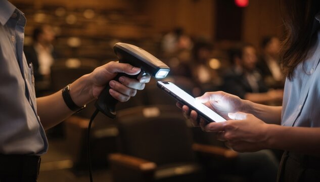 Closeup of ticketing staff scanning digital tickets for a regular show focusing on the interaction with a visitor in softfocus auditorium setting.