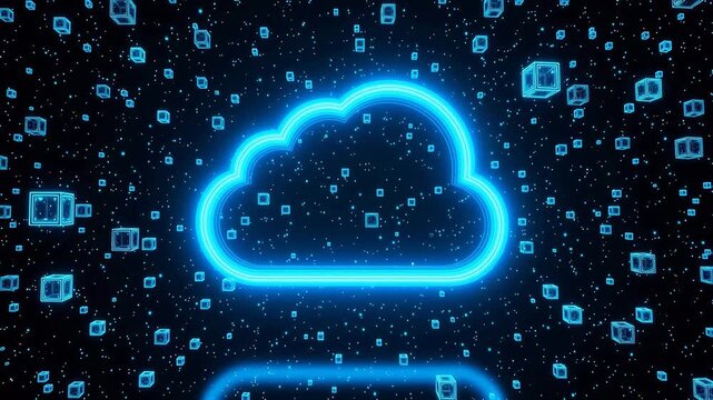 Blue neon cloud with floating cubes