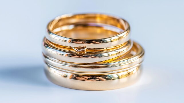 Stacked golden wedding rings signifying love, marriage, and commitment, reflecting a luxurious celebration