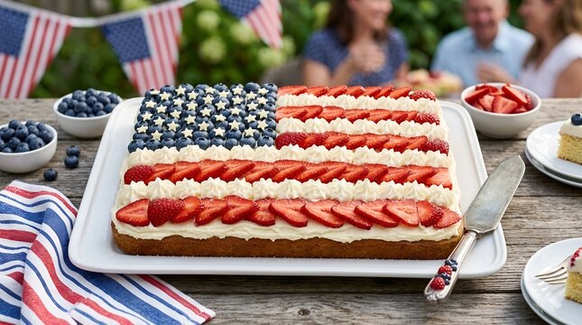 American flag berry sheet cake at outdoor holiday party | Patriotic dessert with strawberries blueberries and festive bunting