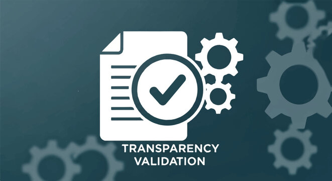 Abstract document icon with check and gears illustrating transparency validation and workflow efficiency.