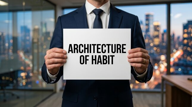 A psychologist holding a sign explaining the architecture of habit formation.