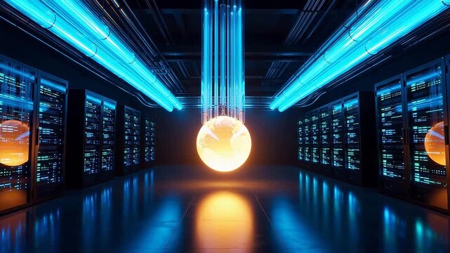 Data center server room with glowing globe