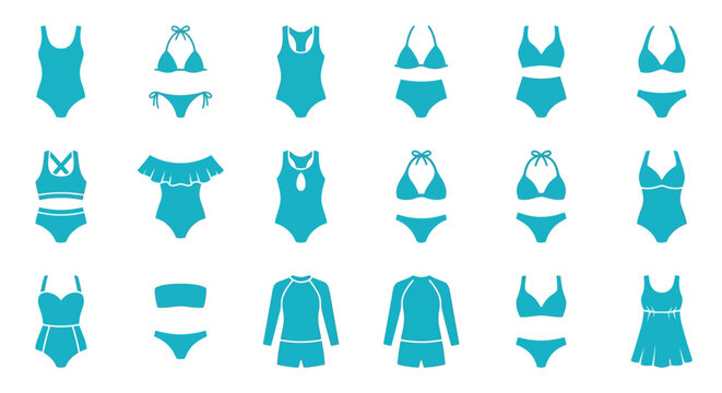 Collection of various swimsuit and swimwear designs illustrated
