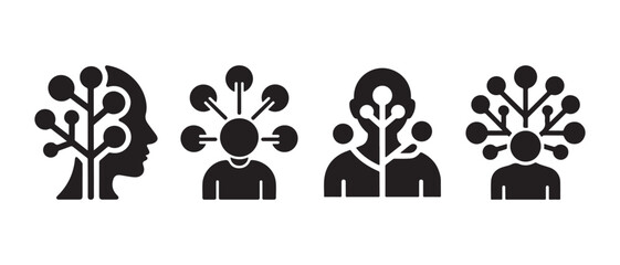 Black Silhouette Icons of Human Heads with Neural Network Tree Structures in Minimalist Graphic Style. © NadimStoker