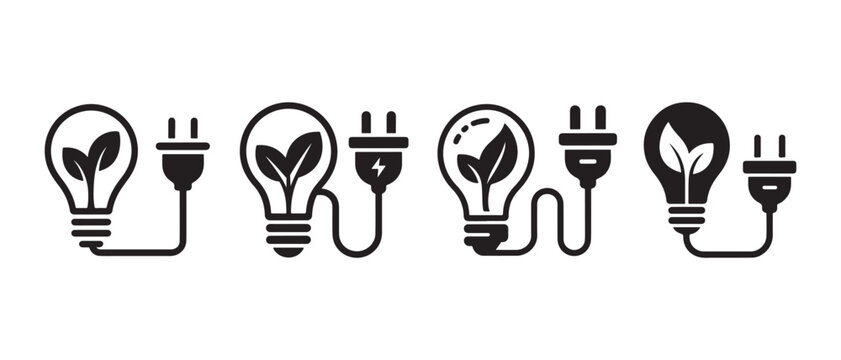Set of Green Energy Light Bulb Icons with Electric Plugs for Sustainable Power Concept Design.