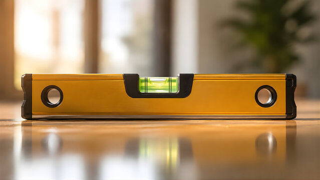 Yellow spirit level tool showing perfect balance and alignment