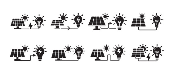 Obraz premium Set of Solar Panel and Light Bulb Icons Representing Renewable Energy Generation in Minimalist Style.