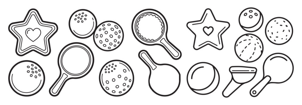 Kids beach toys outline set, sand play accessories, bucket, shovel, and sand molds for summer fun on coastline.