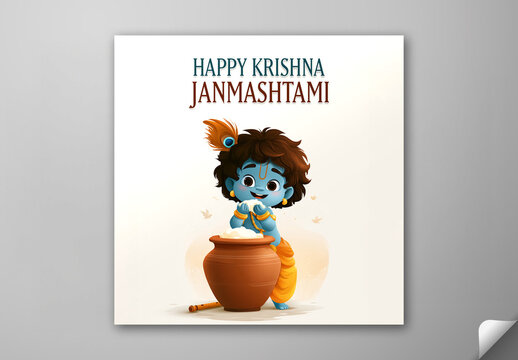 Editable Happy Krishna Janmashtami Greeting Card Social Media Post with Cute Baby Krishna Eating Butter from Earthen Pot on Off White Background.