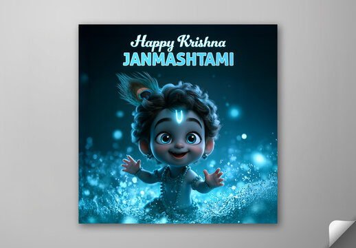 Editable Happy Krishna Janmashtami Greeting Card Social Media Post with 3D Cute Baby Krishna in Glowing Water on Blue Background.