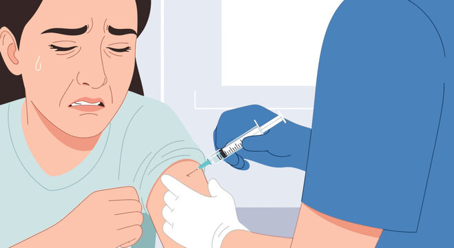 Woman afraid of needle injection, receiving vaccine by nurse