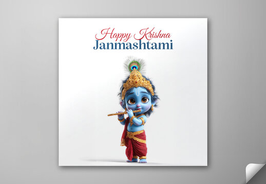 Editable Happy Krishna Janmashtami Greeting Card Social Media Post with 3D Cute Baby Lord Krishna Playing Flute on White Background.